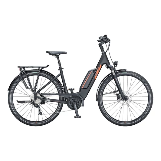 KTM MACINA FUN A510 EASY ENTRY BLACK MATT (ORANGE+GREY) UNISEX ELEKTROMOS TREKKING KERÉKPÁR 2021