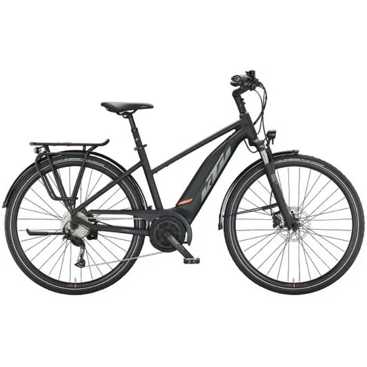 KTM MACINA FUN A510 TRAPÉZ BLACK MATT (GREY+ORANGE) NŐI ELEKTROMOS TREKKING KERÉKPÁR 2022