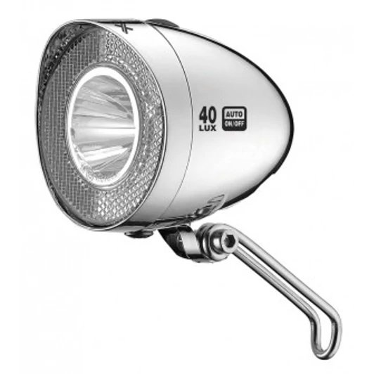 Kerékpár Lámpa agydinamós első, Retro LED, króm, 40 LUX, kapcsőló, szenzor, állófény